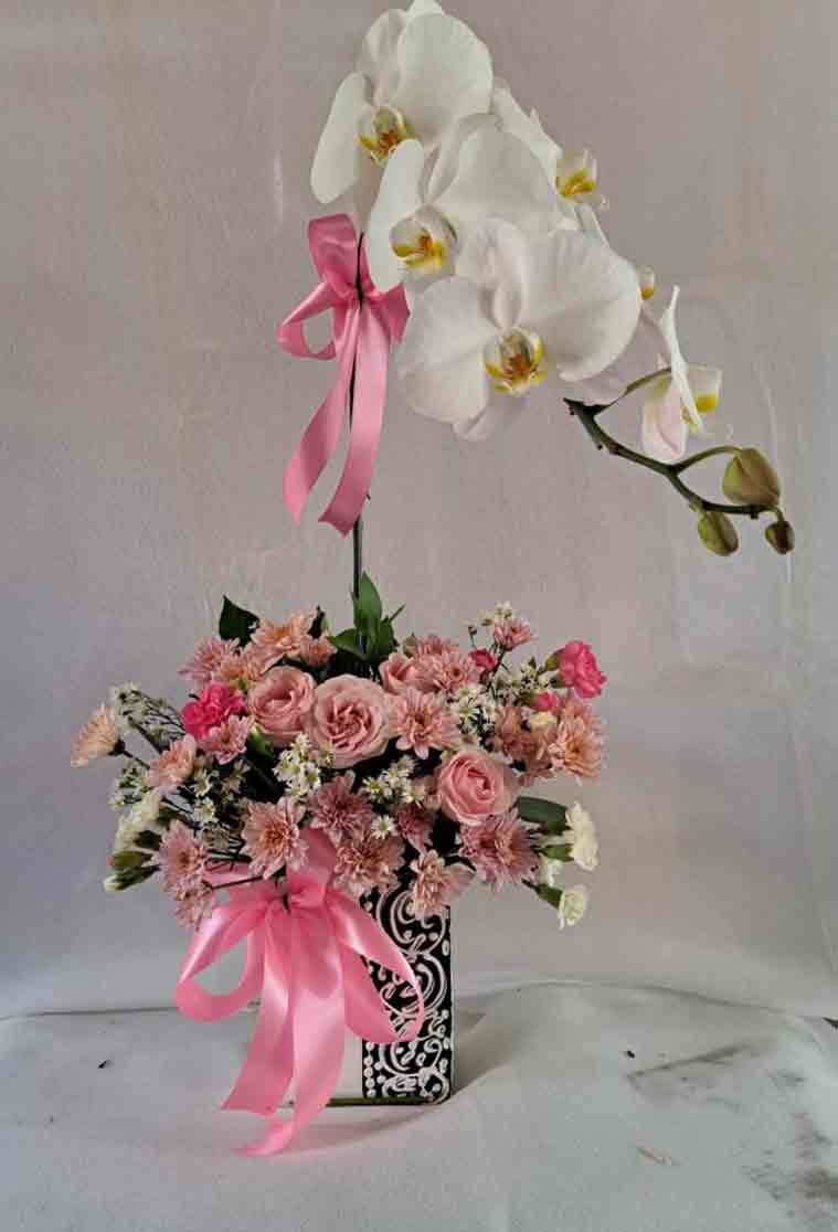 Keanggunan Feminin Rangkaian Anggrek Putih & Simfoni Pink - Dorus Florist